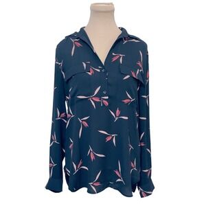 Ann Taylor Womens‎ Floral Long Sleeve Blouse Small Navy Pink Button Up Tunic